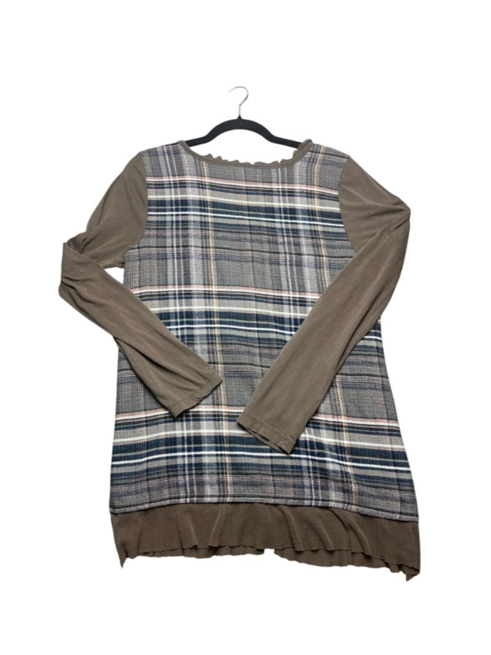Love and Liberty Size L Long Sleeve Blouse Top Brown Plaid Postmark Graphic Edgy - Picture 8 of 8